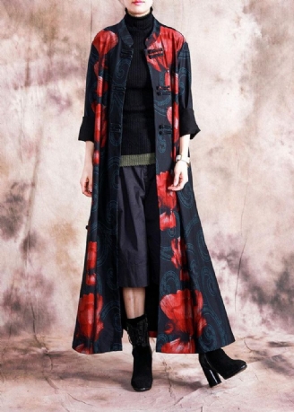 Elegante Zwarte Patchwork Rode Oversized Lange Herfstjas Met Chinese Knopen