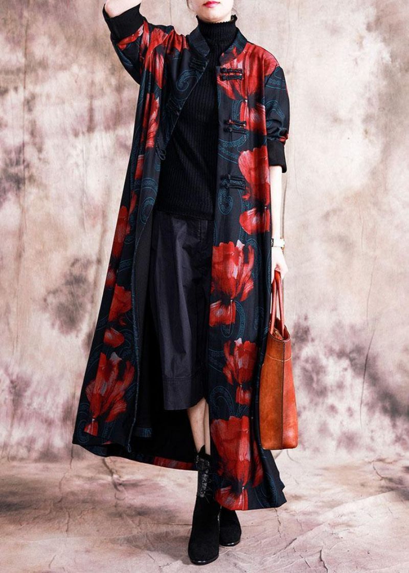 Elegante Zwarte Patchwork Rode Oversized Lange Herfstjas Met Chinese Knopen - Rood