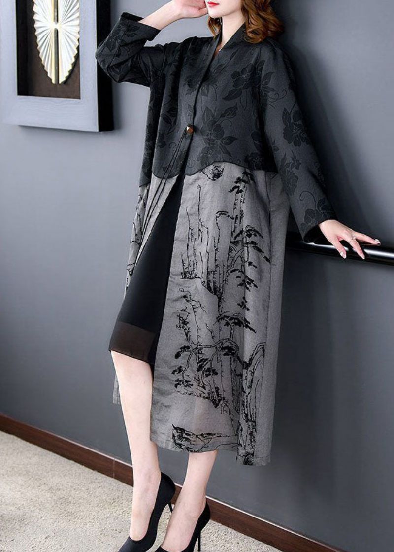 Elegante Zwarte Zijden Trenchcoat Met Kwastjes En Patchworkprint Lente - Dames trenchcoats