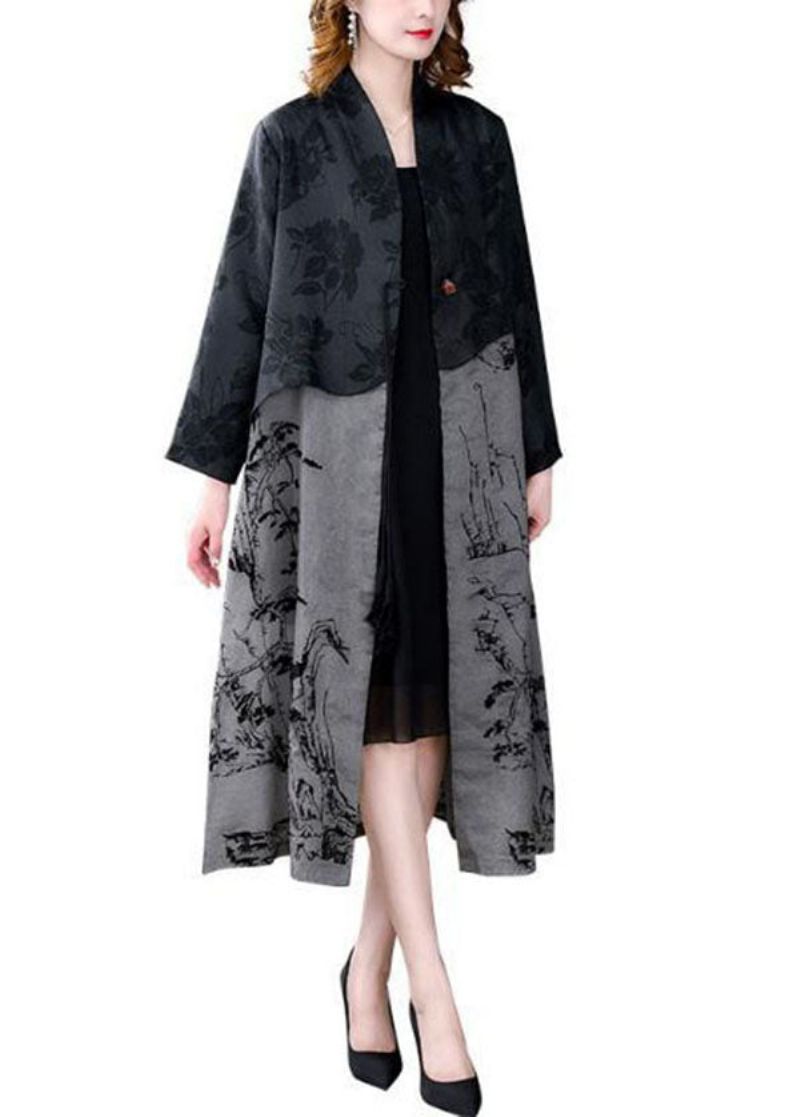 Elegante Zwarte Zijden Trenchcoat Met Kwastjes En Patchworkprint Lente - Dames trenchcoats