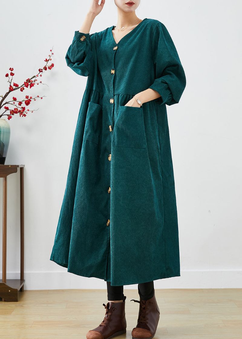 Elegante Zwartgroene Oversized Zakken Corduroy Trench Fall