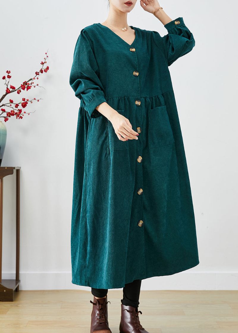 Elegante Zwartgroene Oversized Zakken Corduroy Trench Fall - Dames trenchcoats