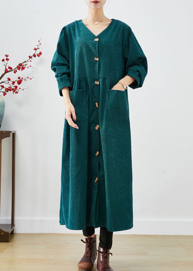 Elegante Zwartgroene Oversized Zakken Corduroy Trench Fall - Dames trenchcoats