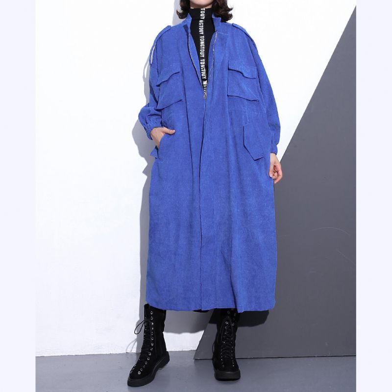 Fijne Blauwe Lange Jas Plus Size Stand-trenchcoat Met Ritssluiting Boetiekzakken Met Mouwen Wijde Jassen