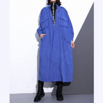 Fijne Blauwe Lange Jas Plus Size Stand-trenchcoat Met Ritssluiting Boetiekzakken Met Mouwen Wijde Jassen