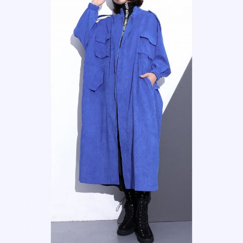 Fijne Blauwe Lange Jas Plus Size Stand-trenchcoat Met Ritssluiting Boetiekzakken Met Mouwen Wijde Jassen - Roze