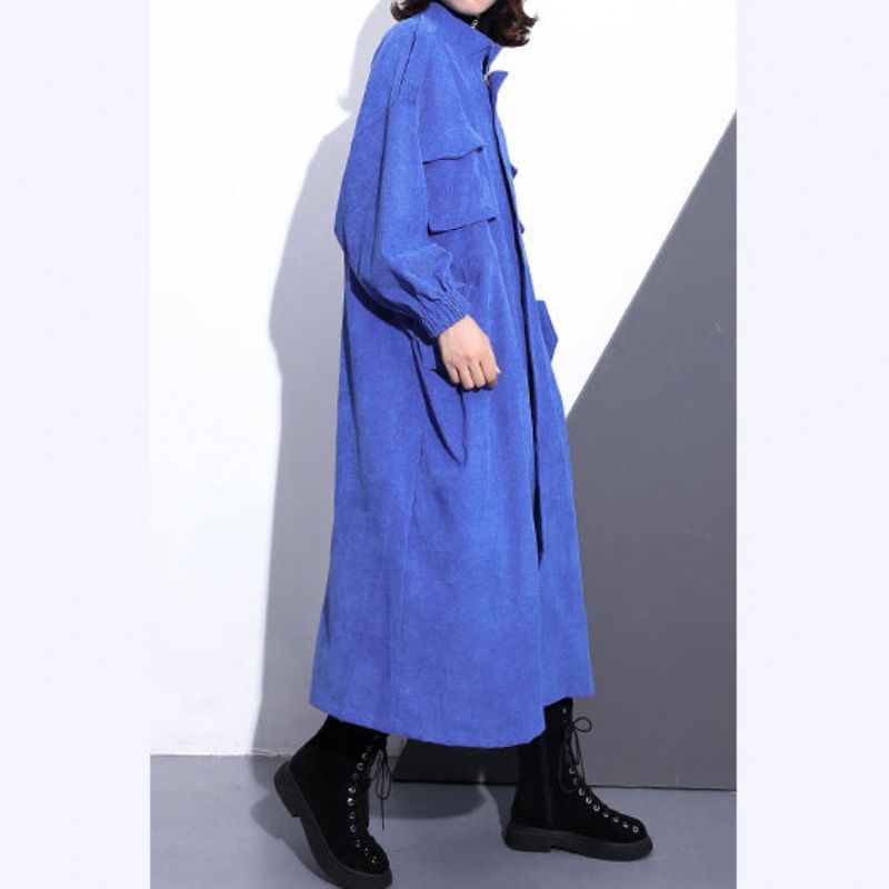 Fijne Blauwe Lange Jas Plus Size Stand-trenchcoat Met Ritssluiting Boetiekzakken Met Mouwen Wijde Jassen - Roze