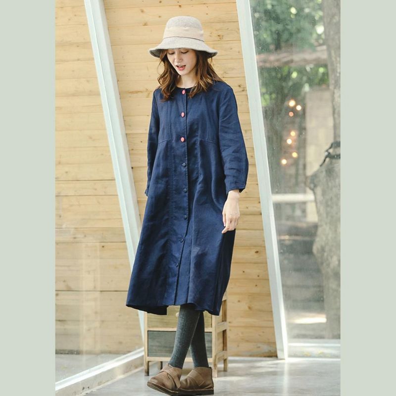 Fijne Blauwe Maxi-jas Plus Size Kleding Peter Pan Kraag Winterjas Boetiek Baggy Jas Met Lange Mouwen - Dames trenchcoats