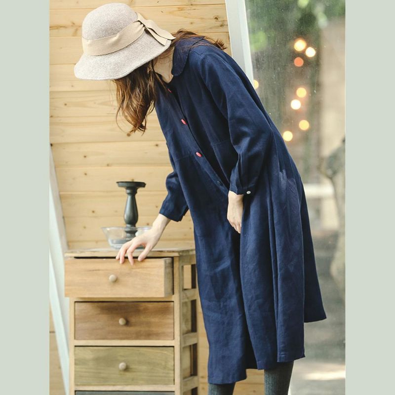 Fijne Blauwe Maxi-jas Plus Size Kleding Peter Pan Kraag Winterjas Boetiek Baggy Jas Met Lange Mouwen - Dames trenchcoats