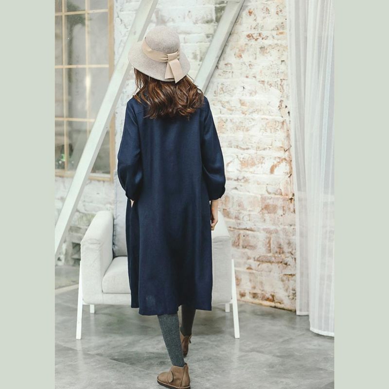 Fijne Blauwe Maxi-jas Plus Size Kleding Peter Pan Kraag Winterjas Boetiek Baggy Jas Met Lange Mouwen - Dames trenchcoats