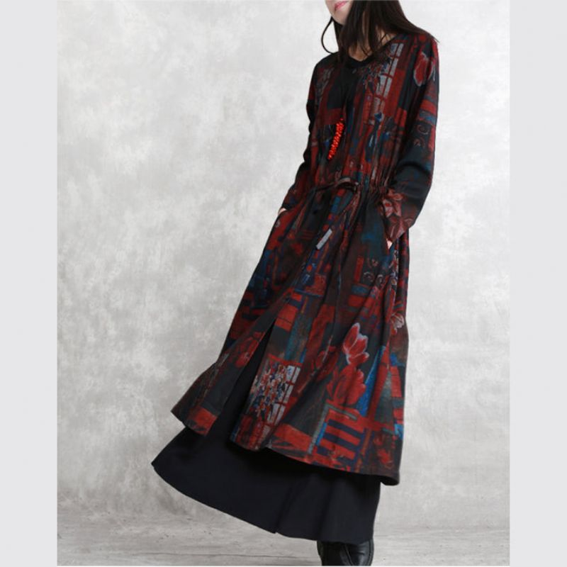 Fijne Bordeauxrode Jassen Met Print Oversized O-hals Strik In De Taille Uitlopers Elegante Met Lange Mouwen Zakken Jurken - Dames trenchcoats