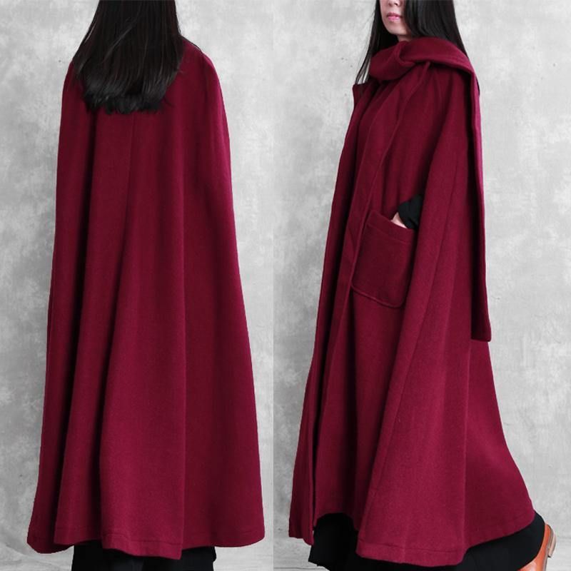 Fijne Bordeauxrode Wollen Jas Dames Oversized Winterjas Vleermuismouwen Met Grote Zoom - Dames trenchcoats