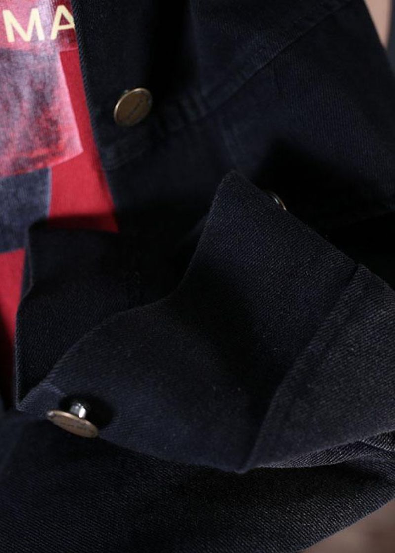 Fijne Denim Zwarte Revers Overjas Met Grote Zakken - Dames trenchcoats