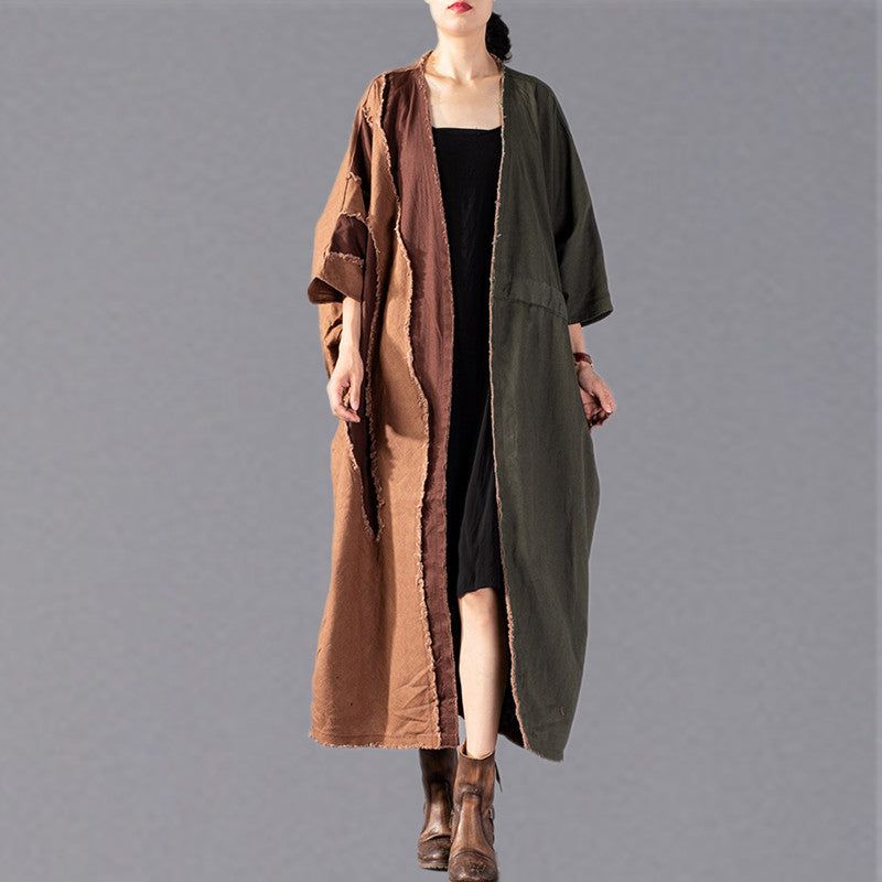 Fijne Legergroene Jas Oversized Patchwork Trenchcoat Mode-jasjes Met Trekkoord - Dames trenchcoats