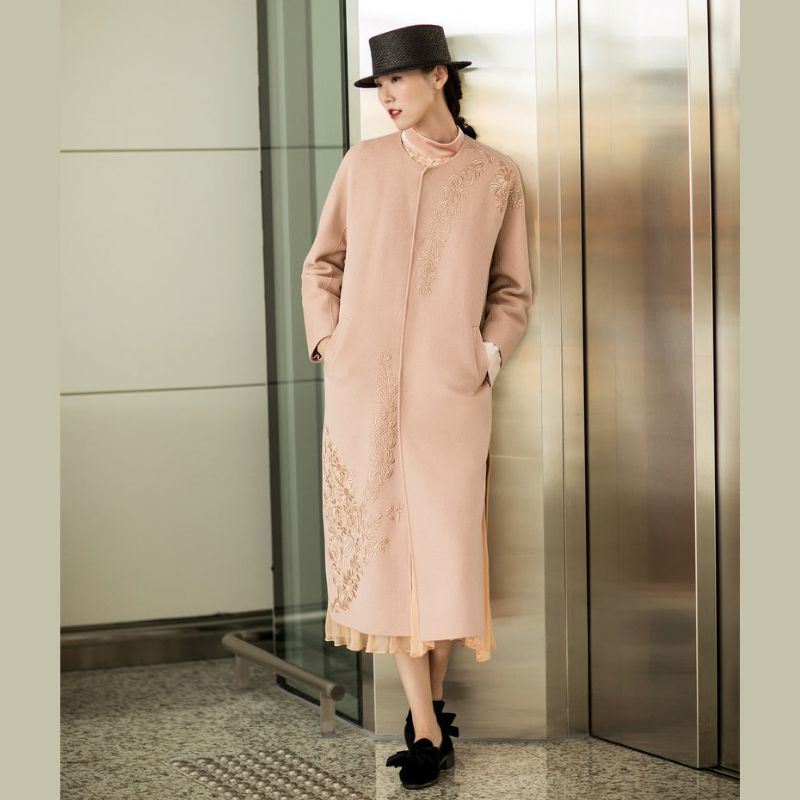 Fijne Nude Roze Wollen Jassen Dames Oversized Met Lange Mouwen Halflange En Borduurjassen - Dames trenchcoats