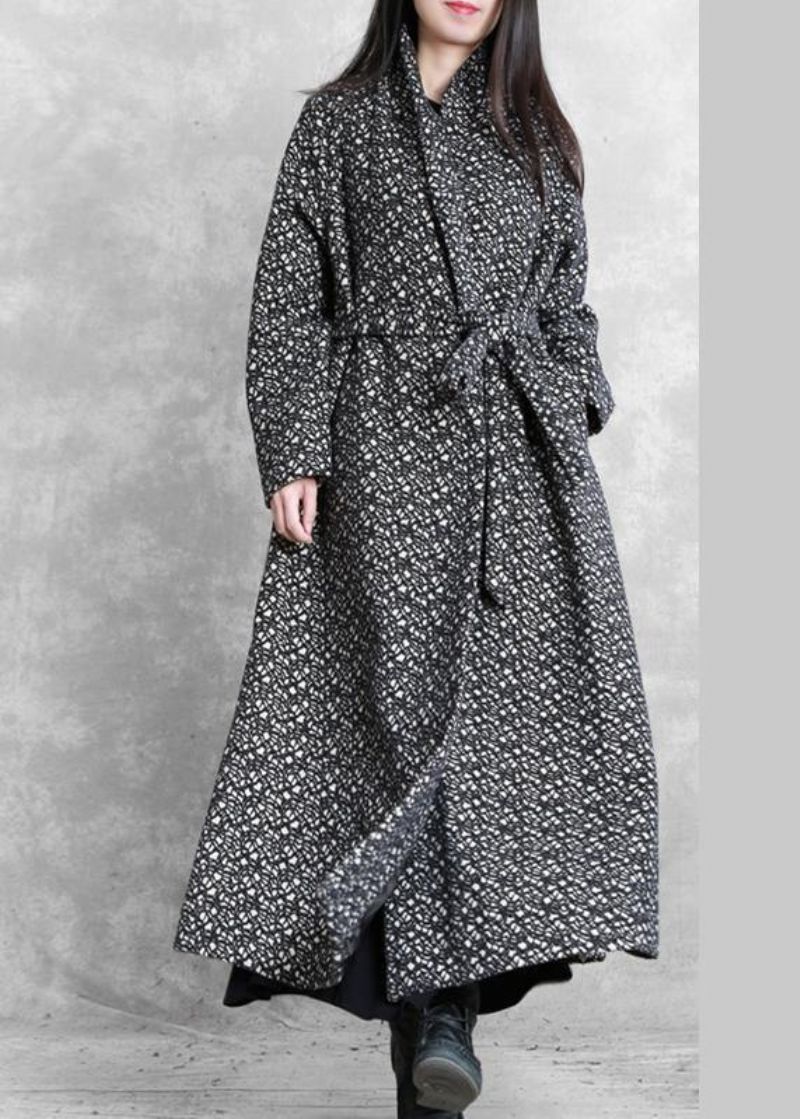 Fijne Oversized Lange Jassen Uitloper Zwarte Geruite Wollen Jas Met V-hals En Strikceintuur - Dames trenchcoats