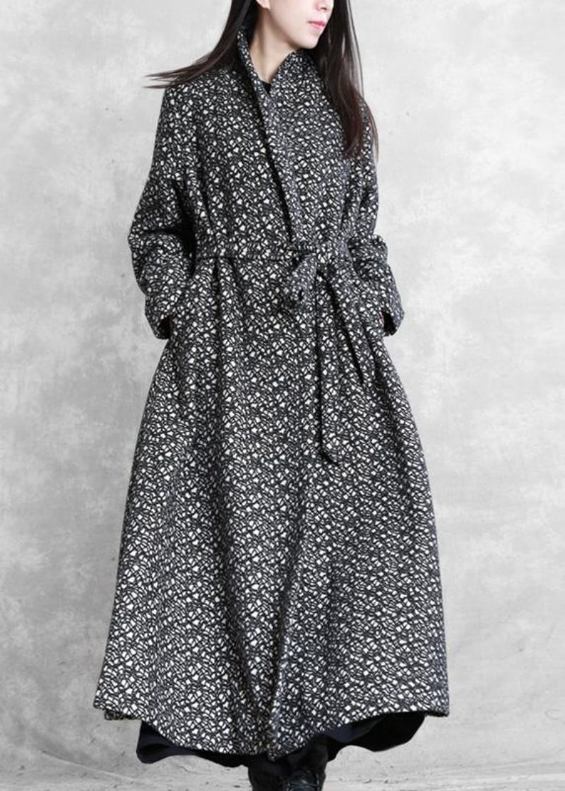 Fijne Oversized Lange Jassen Uitloper Zwarte Geruite Wollen Jas Met V-hals En Strikceintuur - Dames trenchcoats