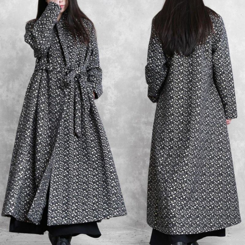 Fijne Oversized Lange Jassen Uitloper Zwarte Geruite Wollen Jas Met V-hals En Strikceintuur - Dames trenchcoats