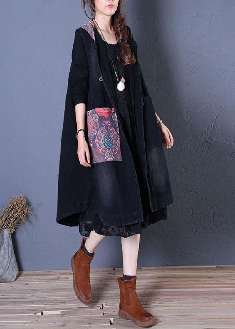 Fijne Oversized Maxi-jas Herfstzwarte Patchwork Jassen Met Capuchon - Dames trenchcoats