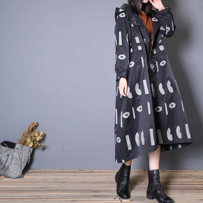 Fijne Oversized Trenchcoat Herfstzwarte Print Jas Met Trekkoord En Capuchon