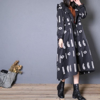 Fijne Oversized Trenchcoat Herfstzwarte Print Jas Met Trekkoord En Capuchon