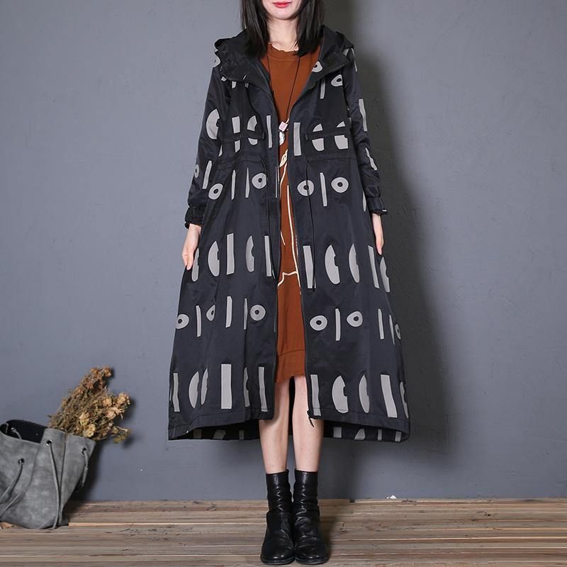 Fijne Oversized Trenchcoat Herfstzwarte Print Jas Met Trekkoord En Capuchon - Dames trenchcoats