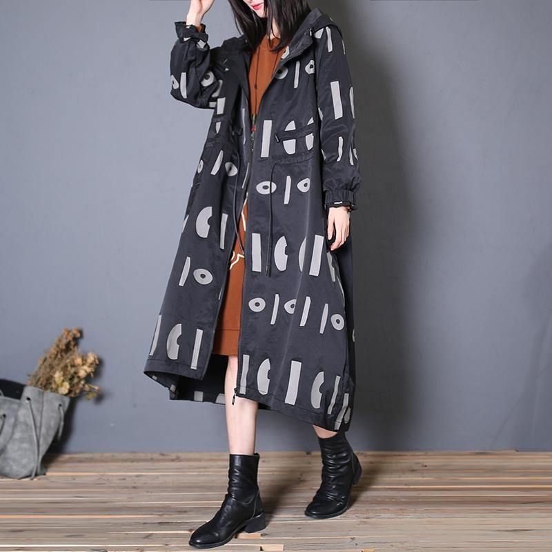 Fijne Oversized Trenchcoat Herfstzwarte Print Jas Met Trekkoord En Capuchon - Dames trenchcoats