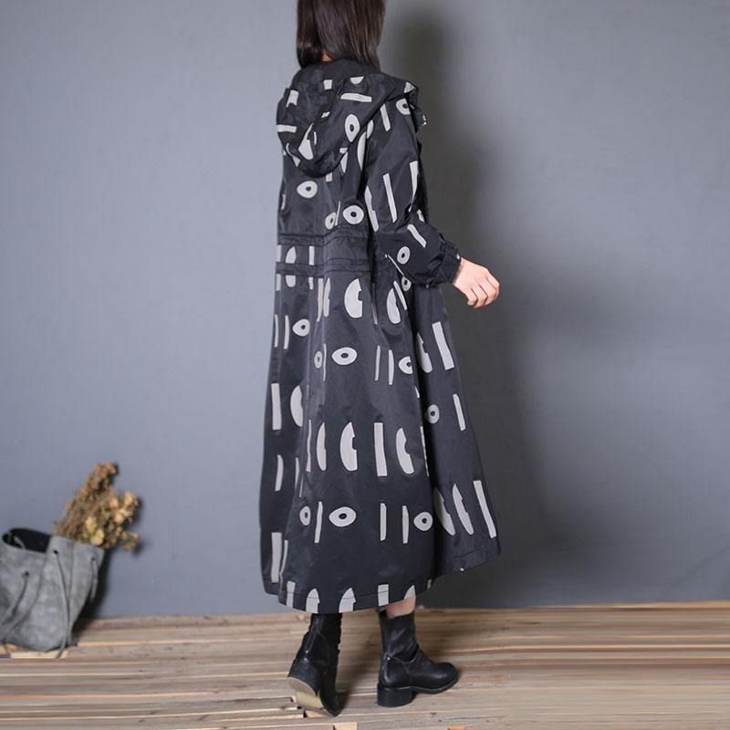 Fijne Oversized Trenchcoat Herfstzwarte Print Jas Met Trekkoord En Capuchon - Dames trenchcoats