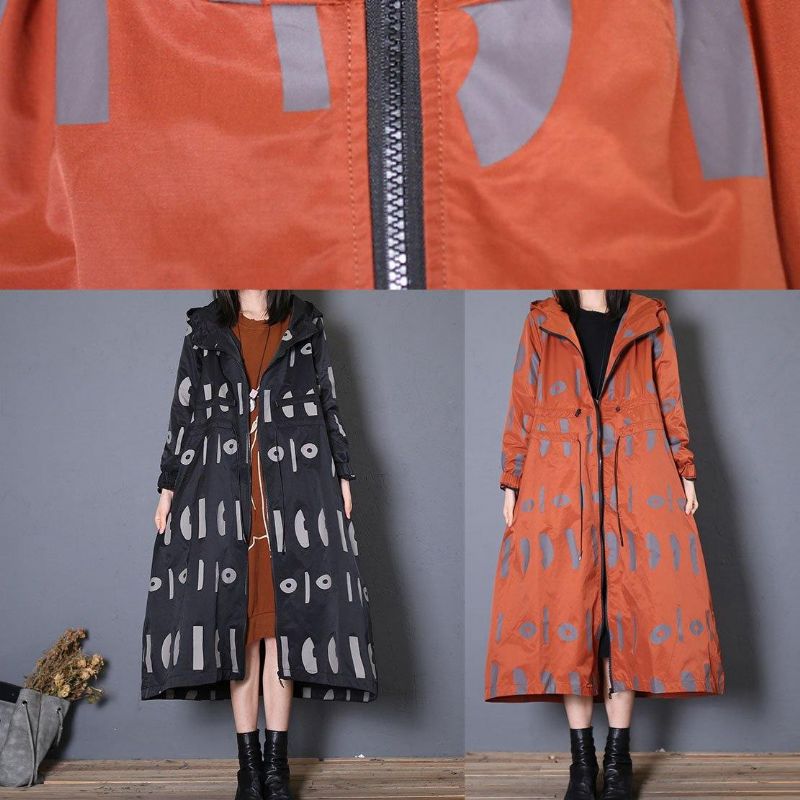 Fijne Oversized Trenchcoat Herfstzwarte Print Jas Met Trekkoord En Capuchon - Dames trenchcoats