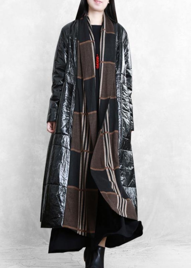 Fijne Oversized Winterjas Zwarte Patchwork Gestreepte Wollen Jas Met Zakken - Dames trenchcoats