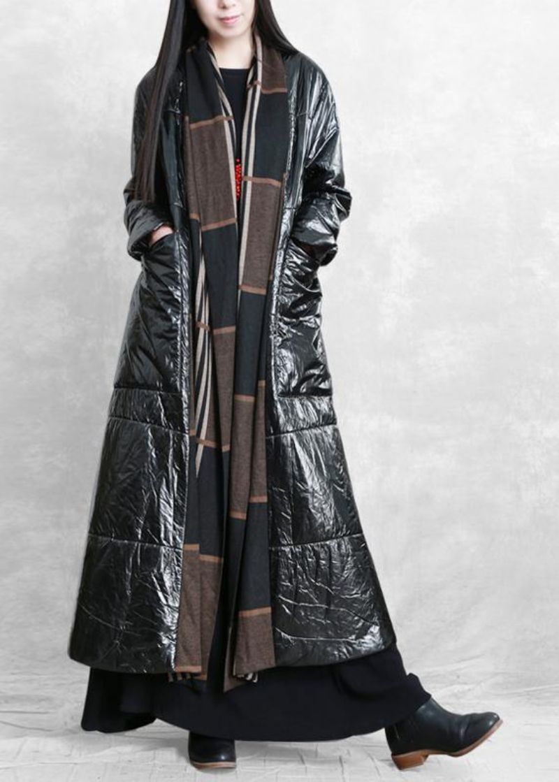 Fijne Oversized Winterjas Zwarte Patchwork Gestreepte Wollen Jas Met Zakken - Dames trenchcoats