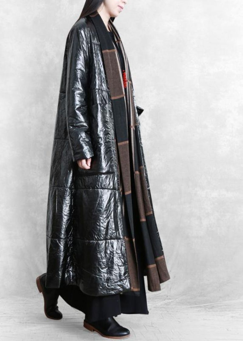 Fijne Oversized Winterjas Zwarte Patchwork Gestreepte Wollen Jas Met Zakken - Dames trenchcoats