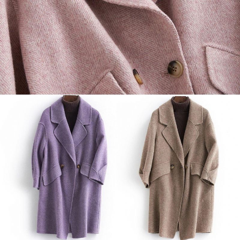 Fijne Roze Wollen Jas Met Inkepingen. Oversized Jassen Met Halflange Zakken Voor Dames - Dames trenchcoats