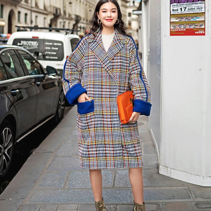 Fijne Veelkleurige Geruite Winterjas Maxi-jas Met Grote Zakken En Vintage Gekerfde - Dames trenchcoats