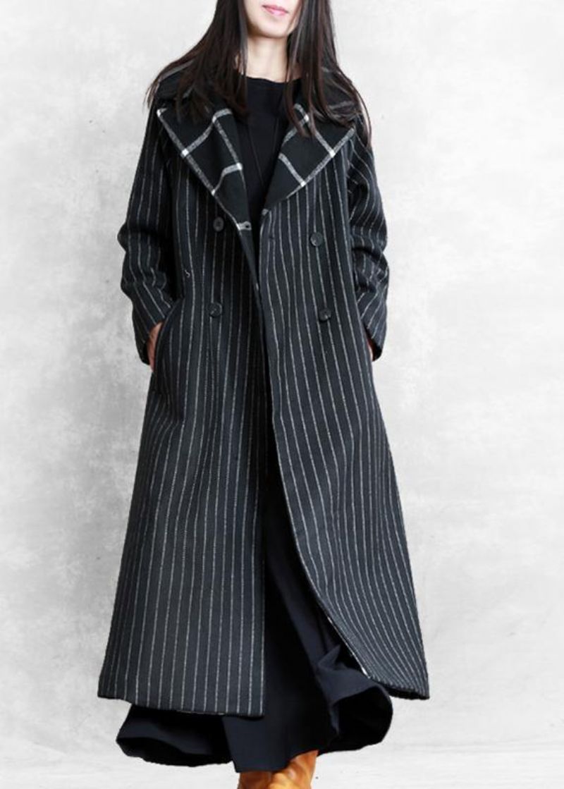 Fijne Zwart Gestreepte Wollen Jas Oversized Trenchcoat Gekerfd Patchwork