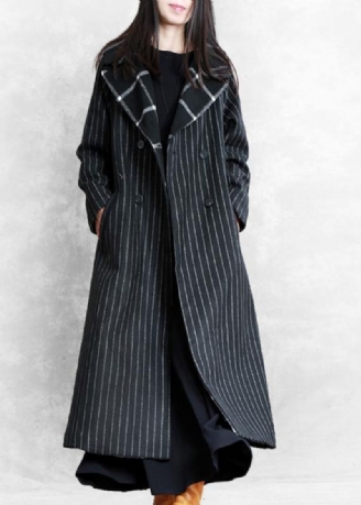 Fijne Zwart Gestreepte Wollen Jas Oversized Trenchcoat Gekerfd Patchwork