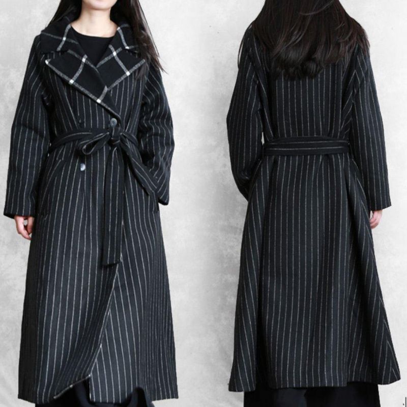 Fijne Zwart Gestreepte Wollen Jas Oversized Trenchcoat Gekerfd Patchwork - Dames trenchcoats