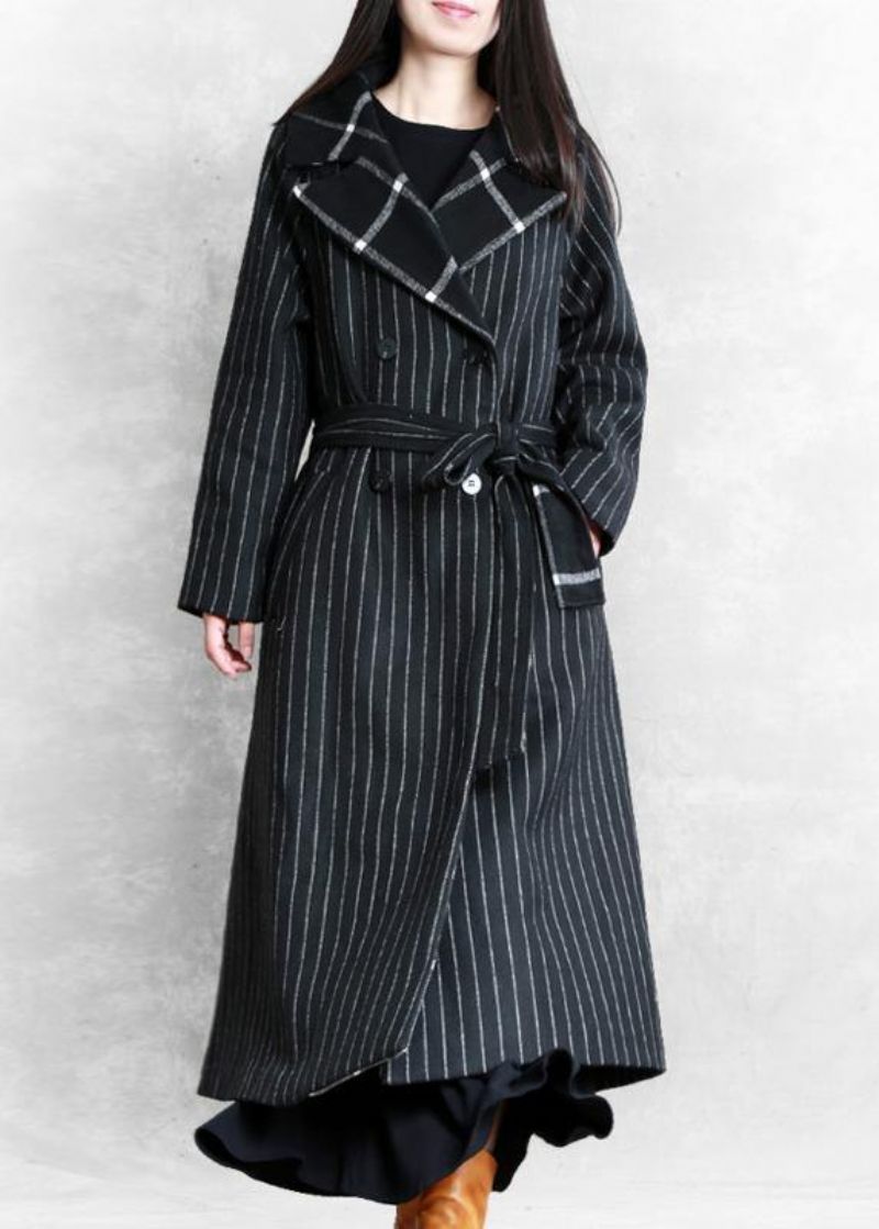 Fijne Zwart Gestreepte Wollen Jas Oversized Trenchcoat Gekerfd Patchwork - Dames trenchcoats