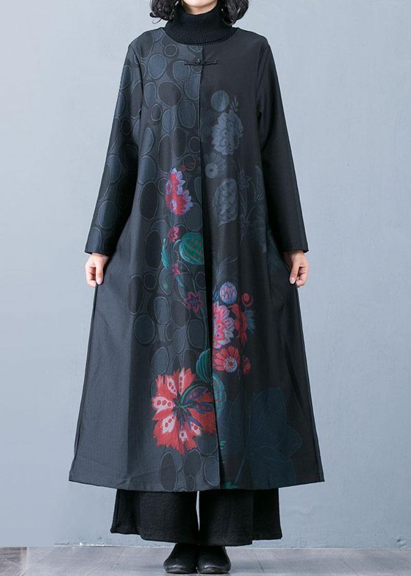 Fijne Zwarte Prints Overjas Trendy Grote Maten Lange Jassen Herfst Trenchcoats Chinese Button - Groen