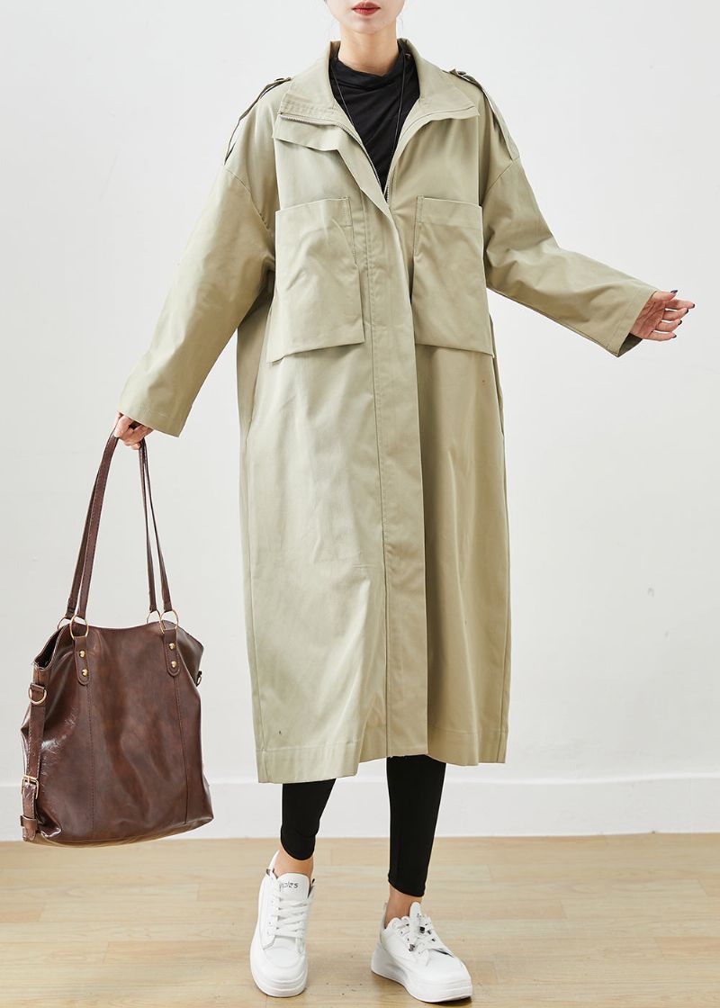 Frans Beige Oversized Katoenen Jas Met Grote Zakken Uitloper Herfst - Dames trenchcoats