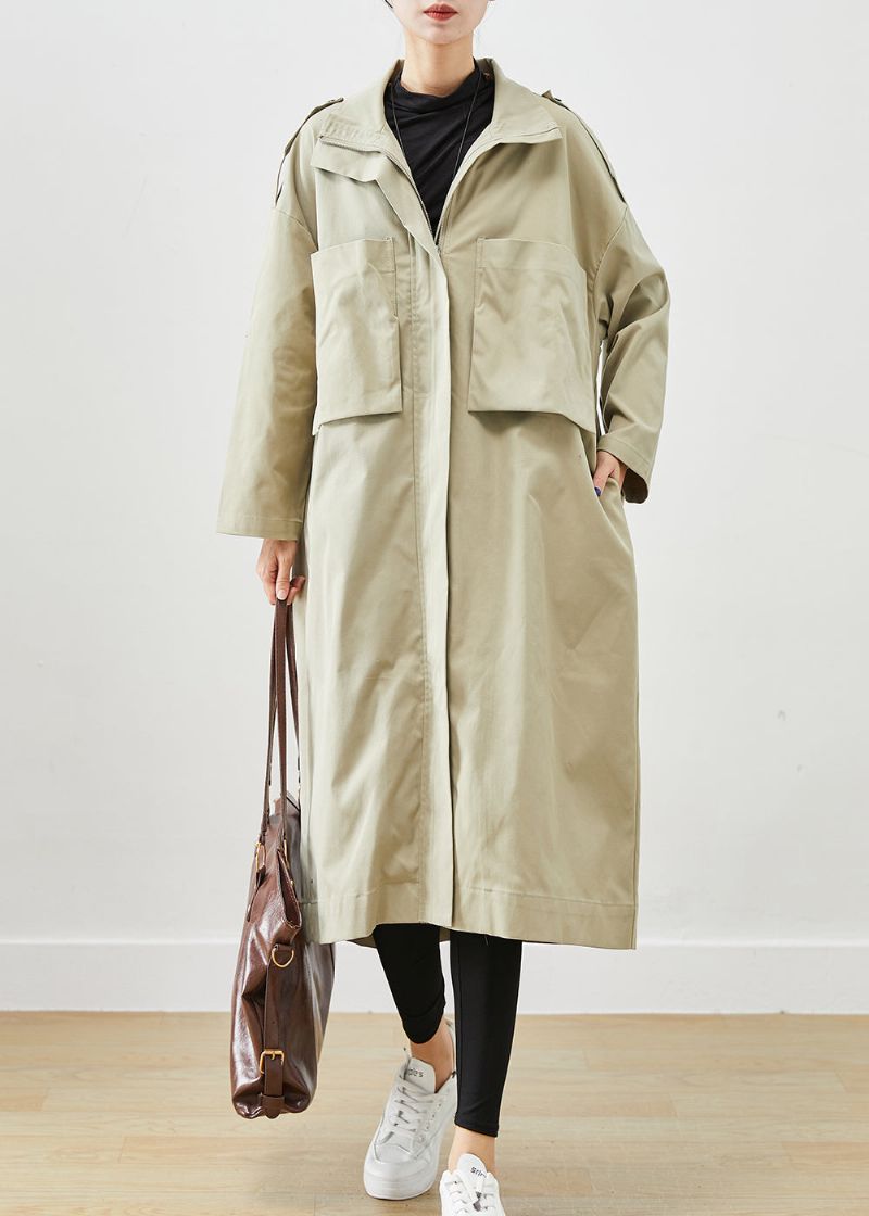 Frans Beige Oversized Katoenen Jas Met Grote Zakken Uitloper Herfst - Dames trenchcoats