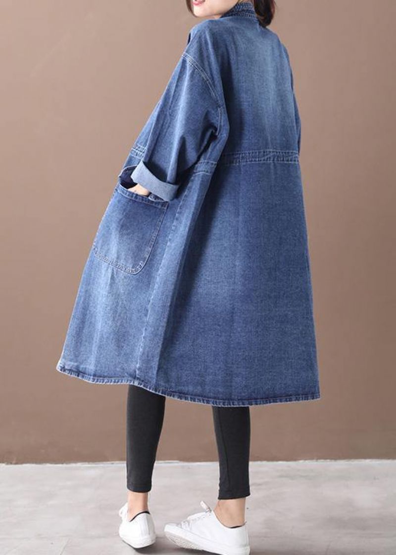 Frans Denimblauw-zonnebloem Plus Size Boxjas Shape-jas Met Opstaande Kraag En Trekkoord - Blauw-Zonnebloem