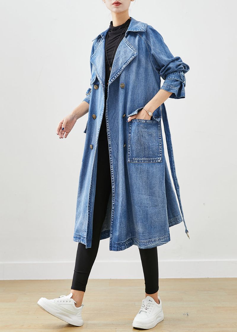 Franse Blauwe Dubbele Borstband Met Stropdas In De Taille Denim Trench Fall