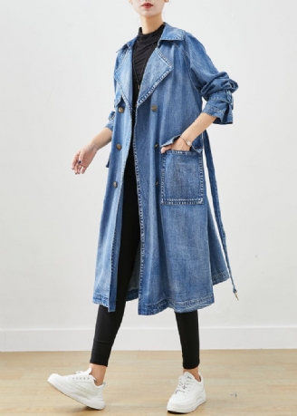 Franse Blauwe Dubbele Borstband Met Stropdas In De Taille Denim Trench Fall