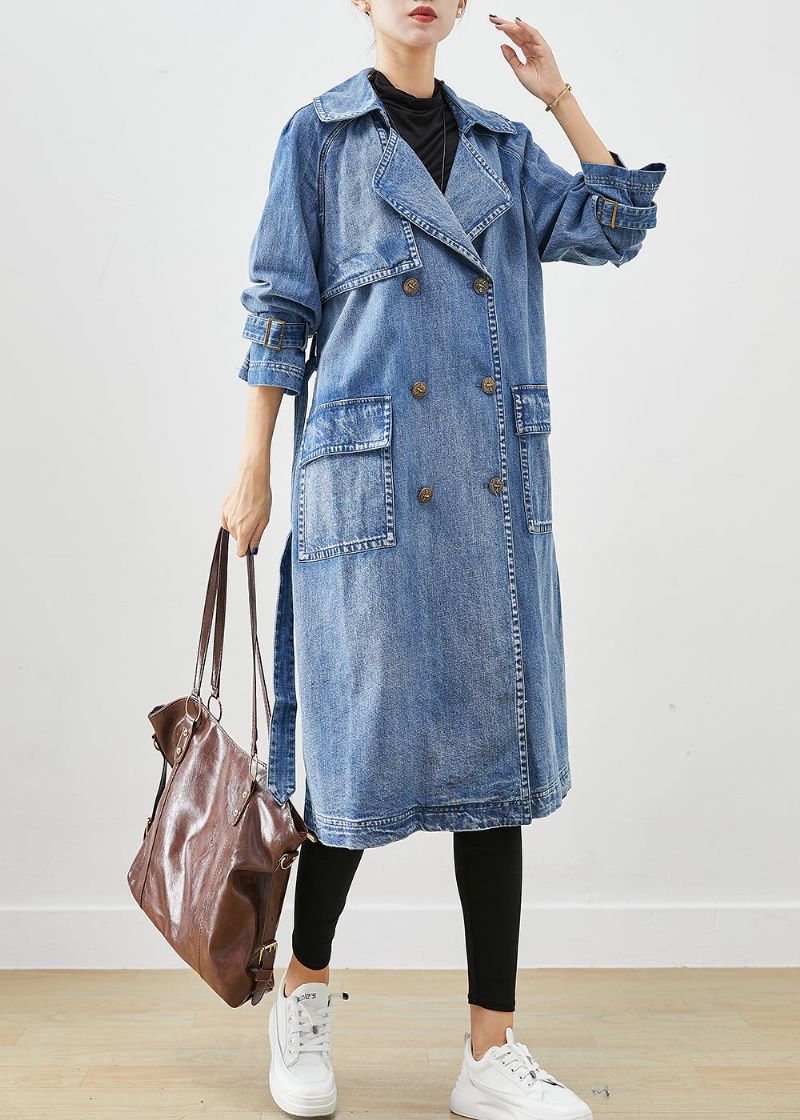 Franse Blauwe Dubbele Borstband Met Stropdas In De Taille Denim Trench Fall - Dames trenchcoats