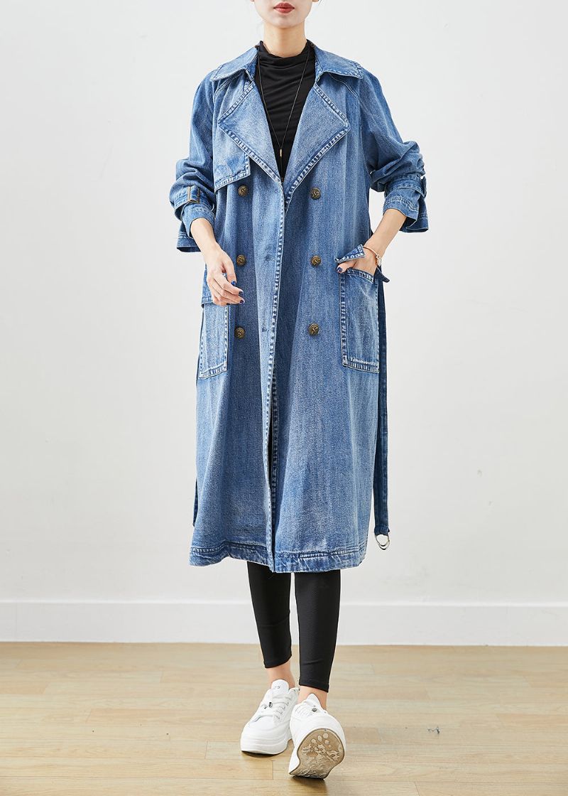 Franse Blauwe Dubbele Borstband Met Stropdas In De Taille Denim Trench Fall - Dames trenchcoats