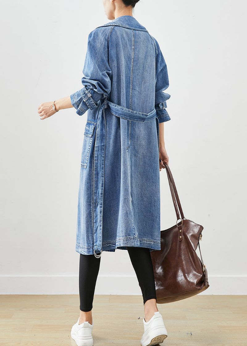 Franse Blauwe Dubbele Borstband Met Stropdas In De Taille Denim Trench Fall - Dames trenchcoats