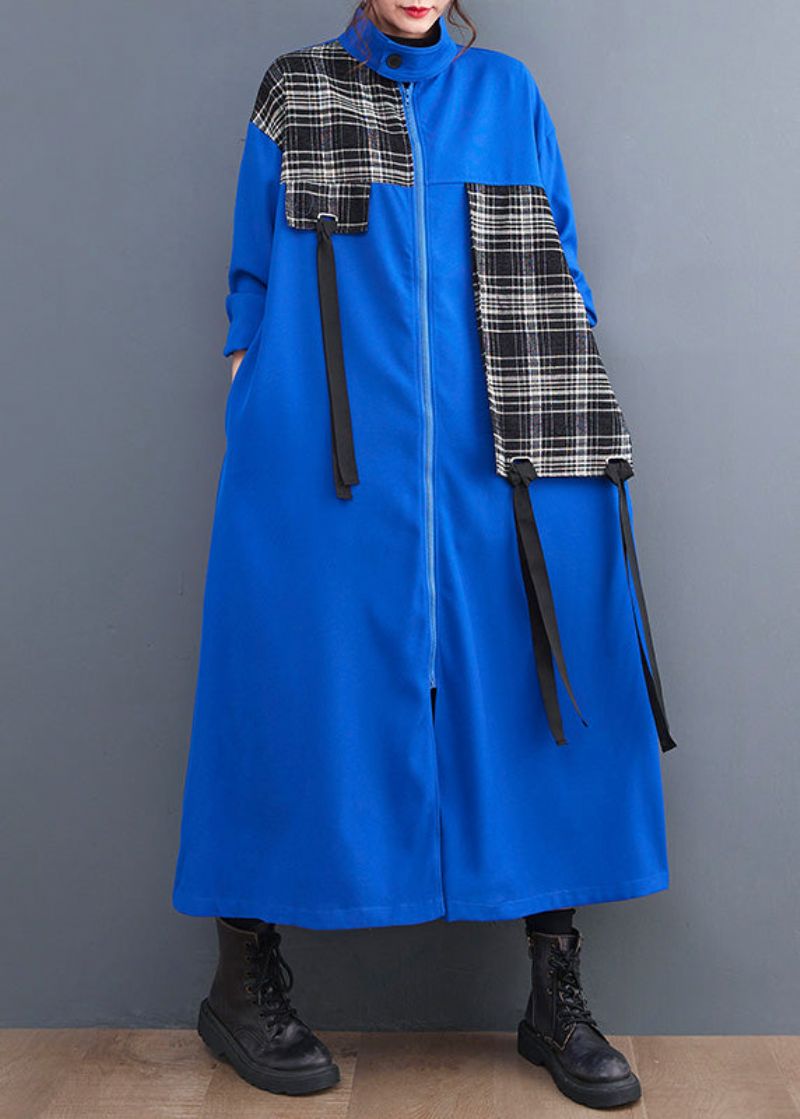 Franse Blauwe Peter Pan Kraag Geruite Patchwork Lange Trenchcoats Met Ritssluiting Lente