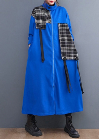 Franse Blauwe Peter Pan Kraag Geruite Patchwork Lange Trenchcoats Met Ritssluiting Lente