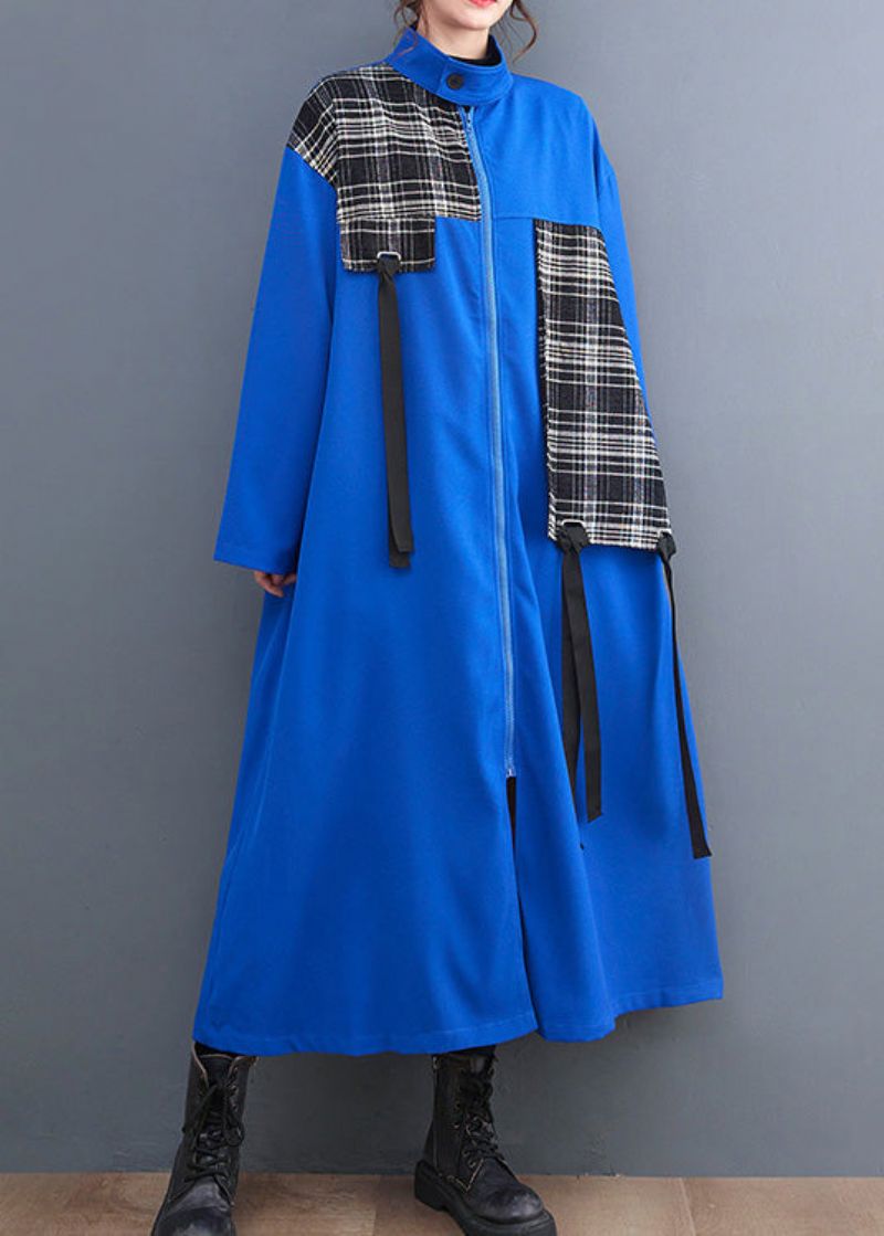 Franse Blauwe Peter Pan Kraag Geruite Patchwork Lange Trenchcoats Met Ritssluiting Lente - Blauw